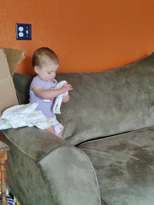 Climbed up on the couch to play with diapers